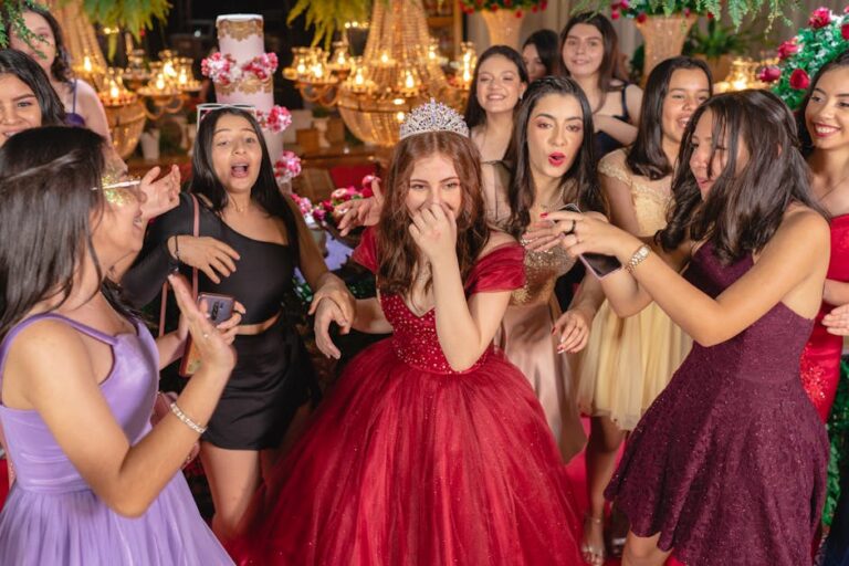 A young girl celebrates her quinceañera surrounded by friends, laughter, and vibrant dresses.
