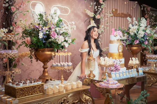 A teenager celebrating her 15th birthday in an elegant quinceañera party with luxurious decorations.
